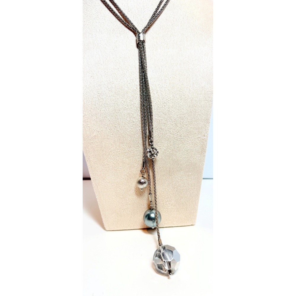 Lia Sophia Silver Tone Double Strand Y Drop Necklace Crystal Ball 26-29 Inch